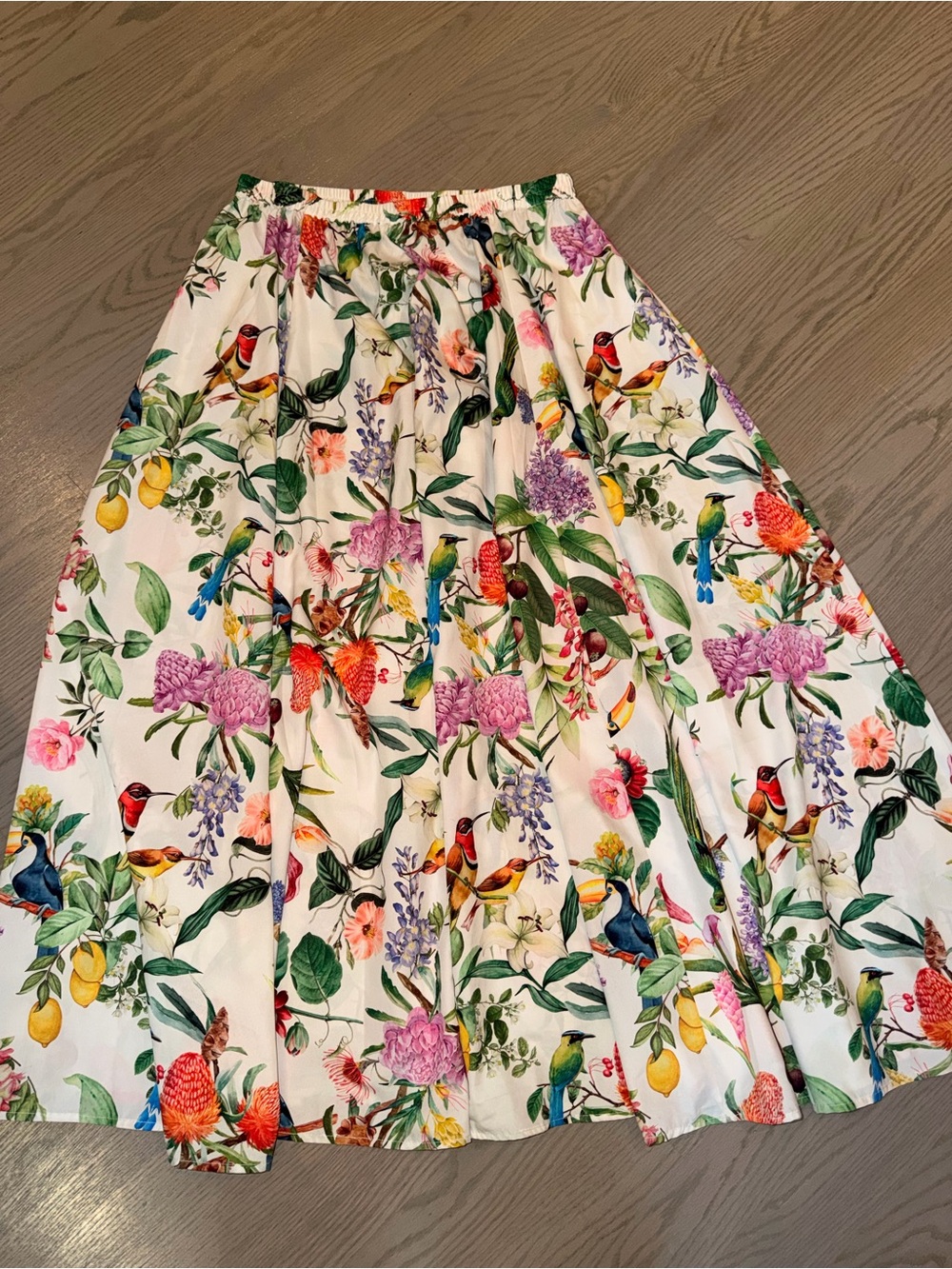Calypso St. Barth White Maxi Skirt with Multicolor Floral & Bird Print